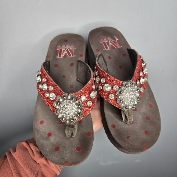 Montana West Brown/Orange Foam Wedge Sandal Rhinestone Size 6 Western - Picture 1 of 9